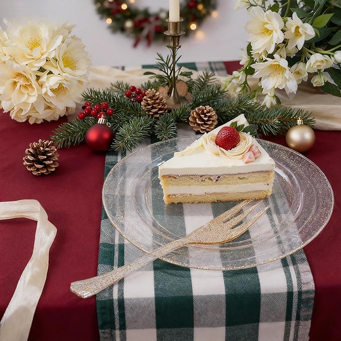 WELLIFE 120 Guests Gold Glitter Plastic Plates and Dessert Forks, 6.5 inch Disposable Dessert Plates, Durable Plastic Small Forks, Perfect for Catering, Parties &Weddings, regular