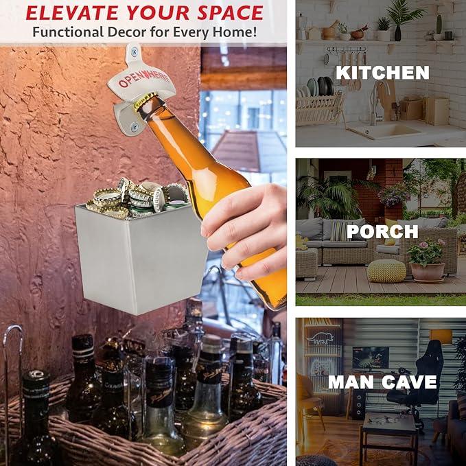 kilofly 2 SETS Beer Bottle Opener Cap Catcher Bucket Man Cave Gift Wall Mounted