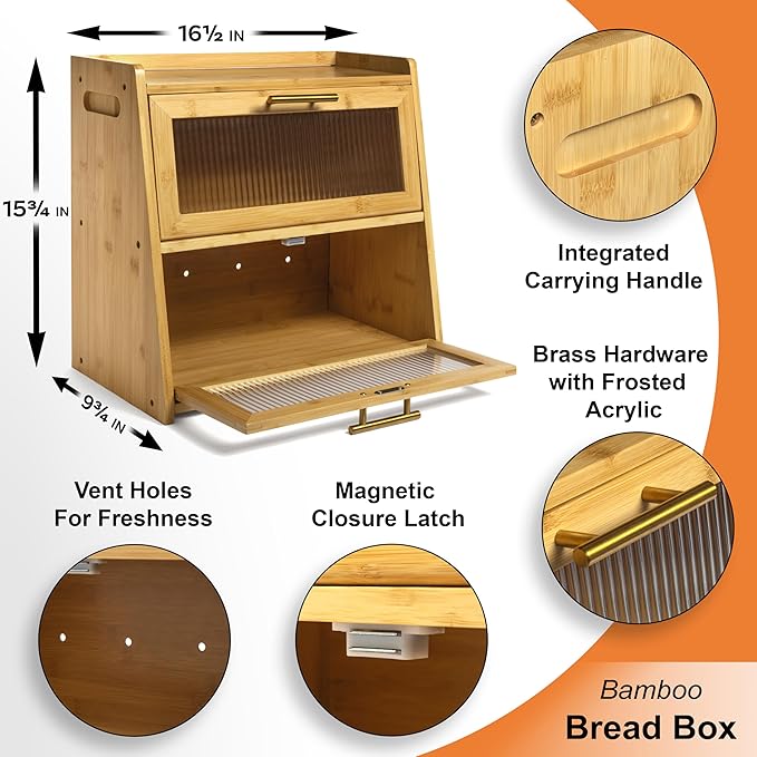 Extra Large Bamboo Bread Box for Kitchen Countertop, Dual-Layer Breadbox Provides Double the Bread Storage Space, Holds Multiple Loaves, Durable & Beautiful with Frosted Acrylic Panels