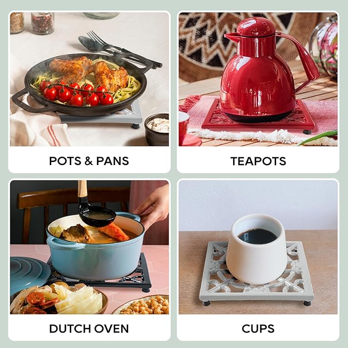 JOGREFUL Cast Iron Trivet Mats, Kitchen Pot Holders to Portect Table/Countertops, Heat Resistant Mats for Teapot/Hot Dishers/Plates, Vintage Mats with Weighted-Base, Flower Gray