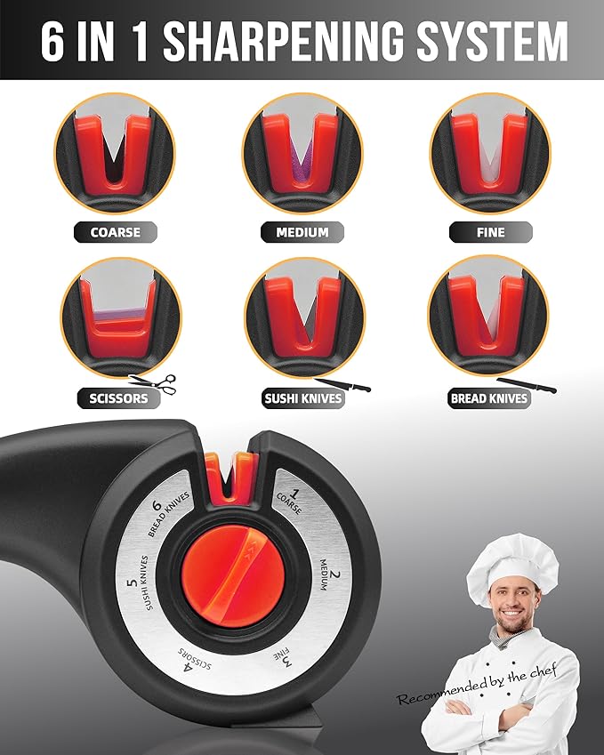 6-in-1 Knife Sharpener - Adjustable 6 Stage Knife Sharpener Tool - Manual Knife Sharpeners for Kitchen Knives, Serrated Knife, Scissors - Black