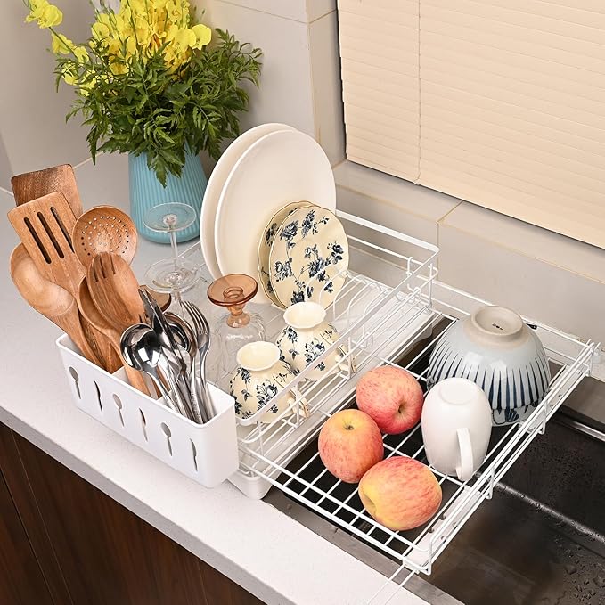 Expandable Over Sink Dish Drying Rack – Foldable Stainless Steel Kitchen Organizer with Utensil Holder, Space-Saving & Rustproof (White)