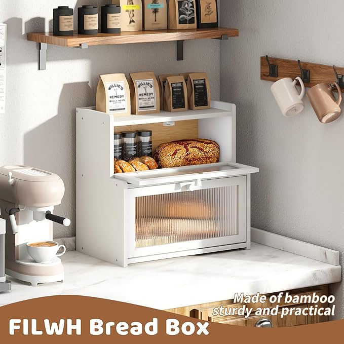 FILWH Bread Box for Kitchen Countertop Double Layer Large Corner Bread Box Capacity Bread Storage Bin Farmhouse Breadbox Container Organizer Cabinet Cupboard (White)