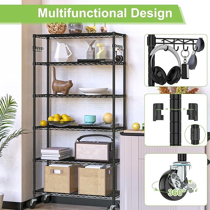 6 Tier Storage Shelves with Wheels Heavy Duty Wire Rolling Shelving Rack Organizer Garage Metal Steel Unit Adjustable Utility Commercial Sturdy Shelves for Kitchen Pantry Bathroom Closet Laundry