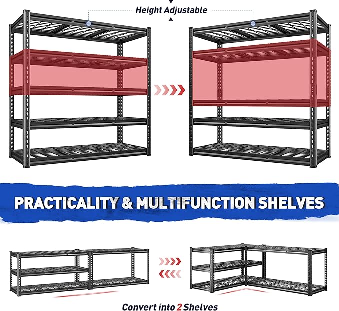 REIBII 48" W Garage Shelves, 5-Tier Garage Shelving Load 2750LBS, Adjustable Metal Storage Shelves, Wire Shelving for Basement, Warehouse, Workshop, Kitchen, 48" W x 18" D x 72" H