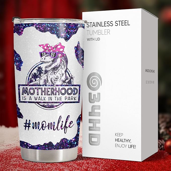 34HD Funny Dinosaur Mom Gifts, Purple Mamasaurus Tumbler with Lid, 20oz Stainless Steel Vacuum Insulated Momma Drinking Cup, Mothers Day Gifts for Mom from Son Daughter Husband