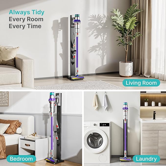 Vacuum Cleaner Stand, Compatible with Cordless Vacuums Dyson Gen5 V15 V12 V11 V10 V8 V7 V6, Floor Vacuum Accessory Holder with 4 Hooks, Metal Storage Bracket Organizer, Black