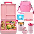 Bento Lunch Box for Kids with 17oz Soup Thermo,Insulated Tumbler Water Bottle and Insulated Lunch Bag,Leak-Proof 3 Compartment Lunch Food Container with Ice Pack for Kids to School-Pink