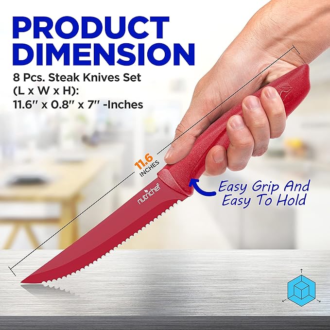 NutriChef SereneLife Stainless Steel Knife Set, 8 Pcs. - Non-Stick Coating, Sharp Serrated Blades, Professional Kitchen Set, Rust-Resistant, Dishwasher Safe, Ideal for BBQ & Grilling, Red
