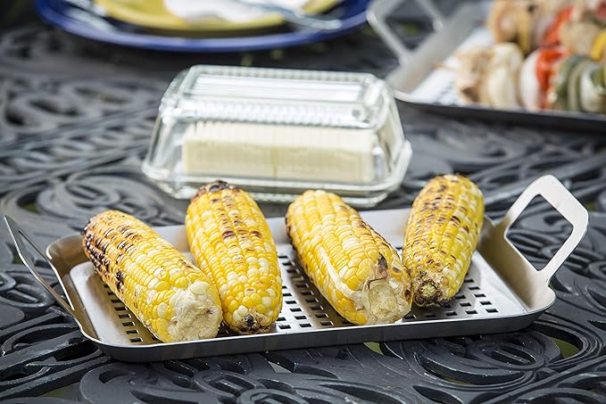 TableCraft BBQ137 Grilling Pan with Handles, Stainless Steel Tray for Outdoor Barbecues, Use on Gas or Charcoal Grills, Even Heat Distribution, 13.5 Inch, Silver