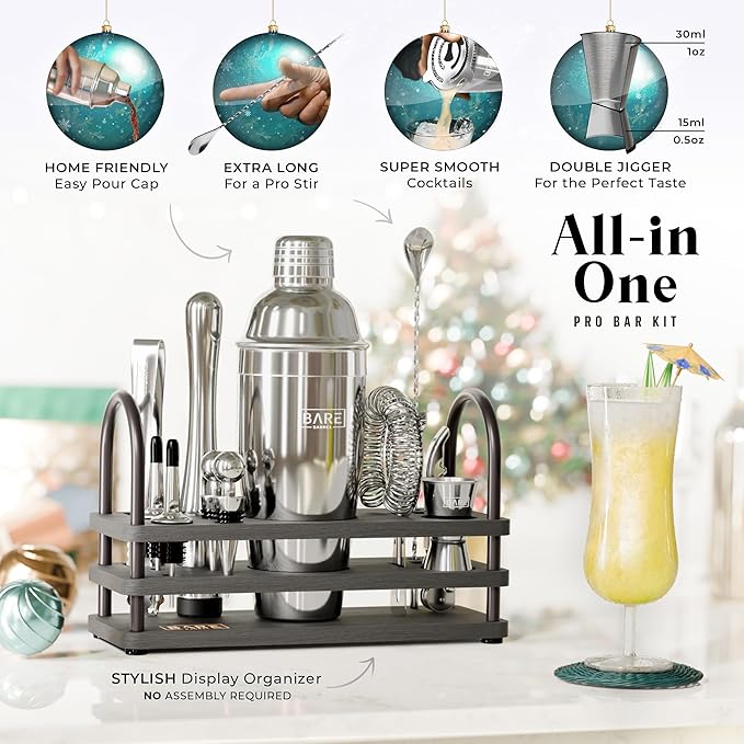 BARE BARREL® Mixology Bartender Kit Bar Set | 14-Piece Cocktail Shaker Set | Martini Barware Mixing Tools for Home Bartending | 35 Recipe Cards | Gift Set (24oz Cobbler Shaker, Silver/Black)