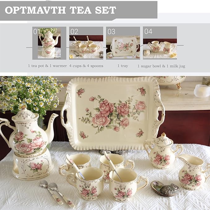 Ceramic Tea Set, 4 Cups and Spoons, One Sugar Bowl, One Milk Kettle, One Storage and Removeable Tray, for Home Party or Wedding Service, Pink Rose