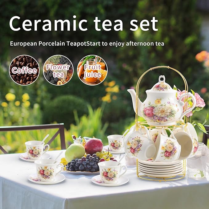 20-Pieces Porcelain Tea Sets For Women, Tea Set For Adult with Golden Metal Rack,Tea Gift Sets for Home&Party(012)