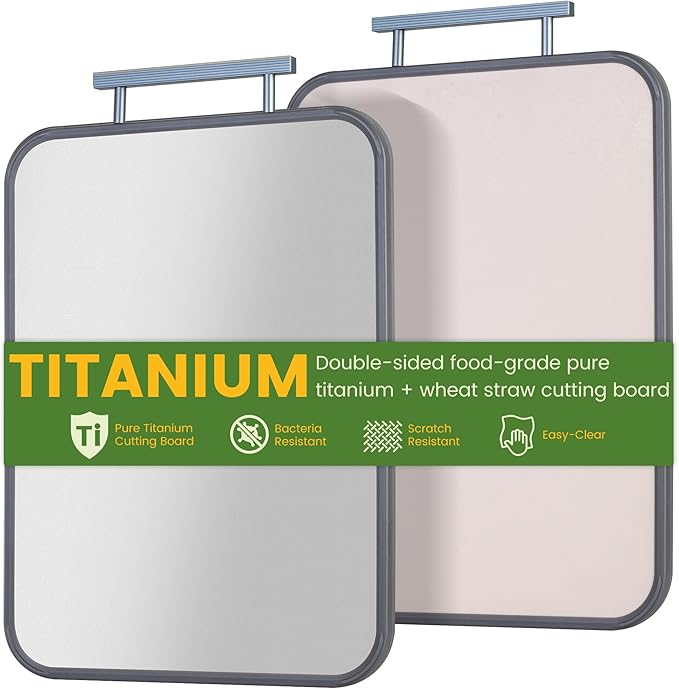Titanium Cutting Boards for Kitchen, Non Toxic 2-in-1 Cutting Board Double Sided, Food Grade Pure Titanium and Wheat Straw PP, Easy to Clean Large Size 16”×11”