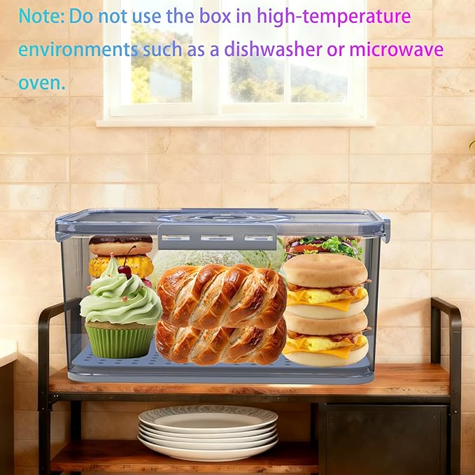 Bread Box with Lid and Handle,New Upgrade Time Recording Bread Storage Container for Kitchen Counter Airtight,Portable Large Bread Boxes for Homemade Breads, Toast, Bagel, Donut and Cookies(Grey)