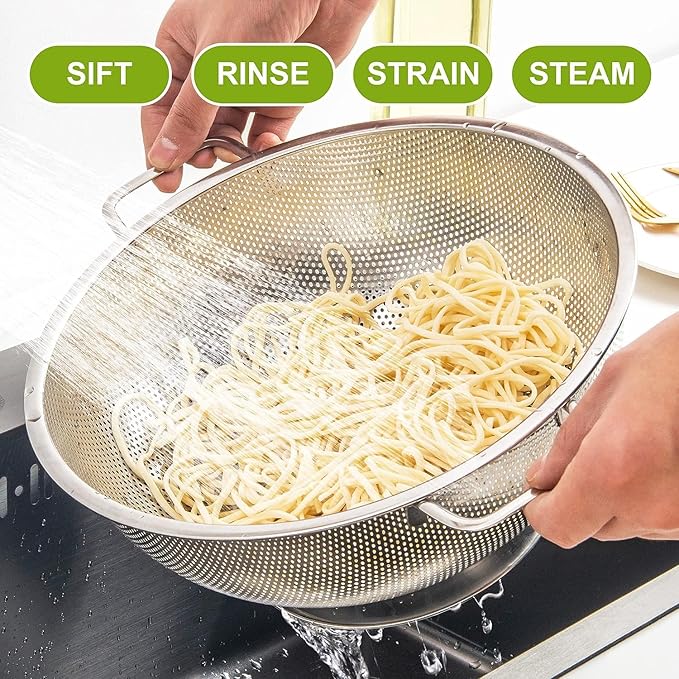 Stainless Steel Colander and Strainer Set(5-Quart and 3-Quart)， Strainer for Kitchen Food, Dishwasher Safe