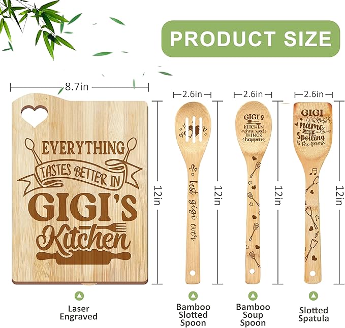 Gigi Gifts from Grandma, Christmas Kitchen Gifts for Gigi from Grandkids, Birthday Gift Wooden Cutting Board with Cooking Utensils Set with Apron Set, Great Gigi Mothers Day Gift