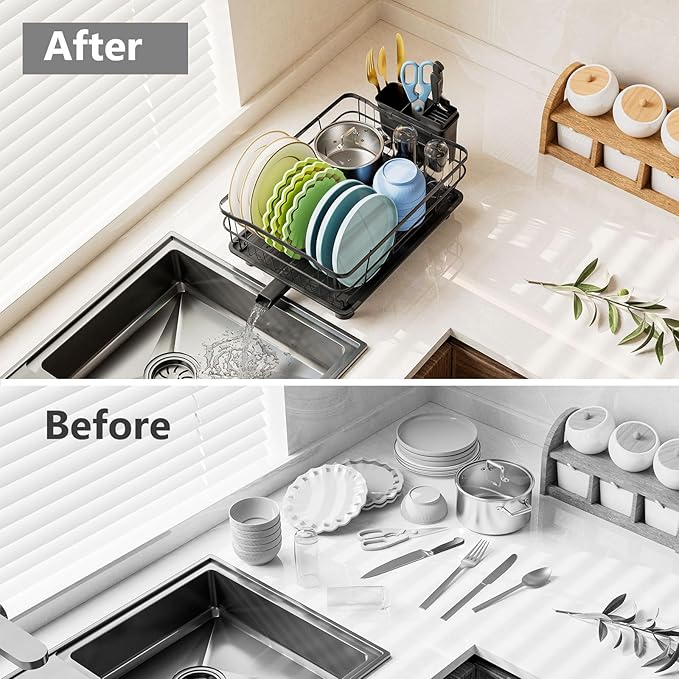 Iron Dish Drying Rack Auto Drain Dish Drainers Kitchen Counter Strainer with Draining Tray, All Black