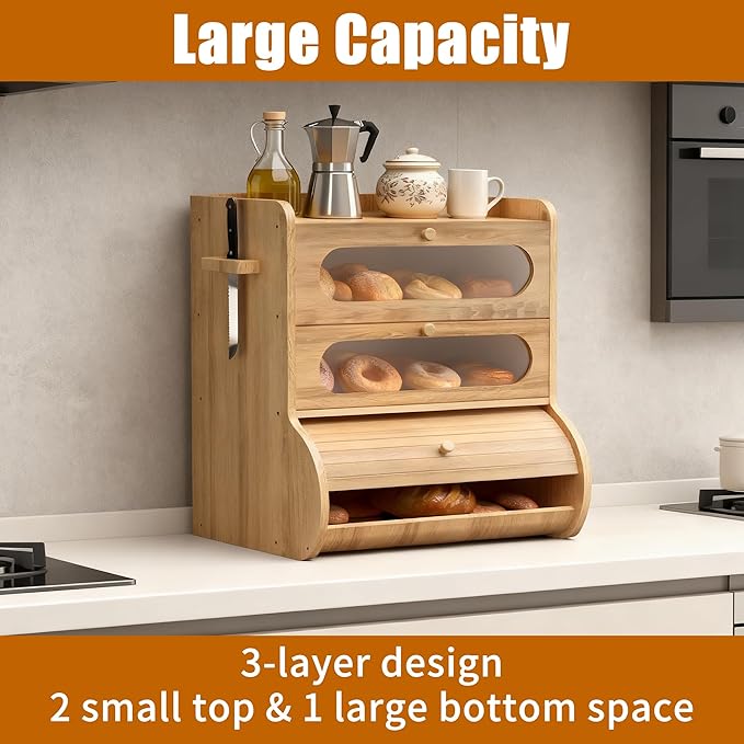 Bread Box for Kitchen Countertop, 3 Tier Large Capacity Breadbox, with Window, Cutting Board Rack and Knife Holder, Bamboo Bread Container, Under Cabinet Organizer