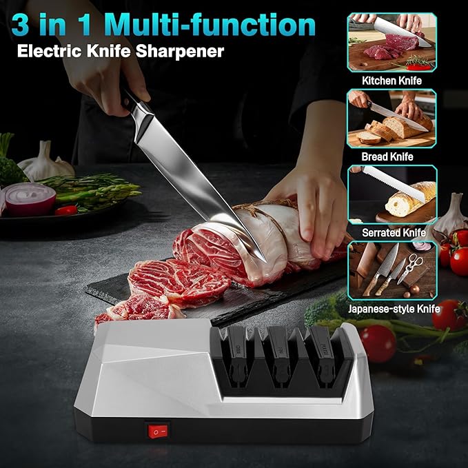 Kitchen Knife Sharpener Electric 3-Stage Knife Sharpener for Straight Serrated & Kitchen Knives Quick Sharpening & Polishing