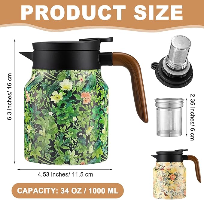 LemonRoad 2 Pcs Vintage Floral Pattern Tea Pot, Vintage Teapot with Infuser, Floral Pattern Tea Pot with Lid, Wooden Handle Thermal Carafe for Hot Drinks Coffee(Green, Pink)