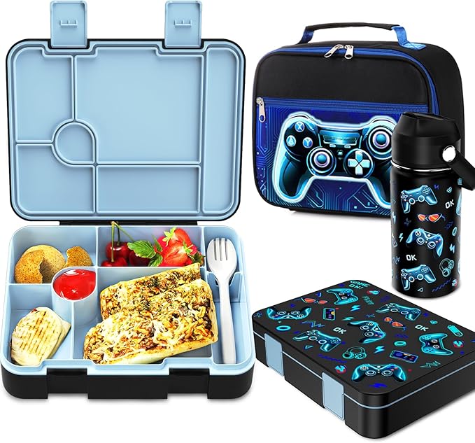 Bevalsa Kids Bento Lunch Box with 6 Compartment, Stainless Steel Metal Water Bottle, Insulated Bag & Utensils, BPA-Free Leakproof Food Container for School Boys Girls, Back To School Gift