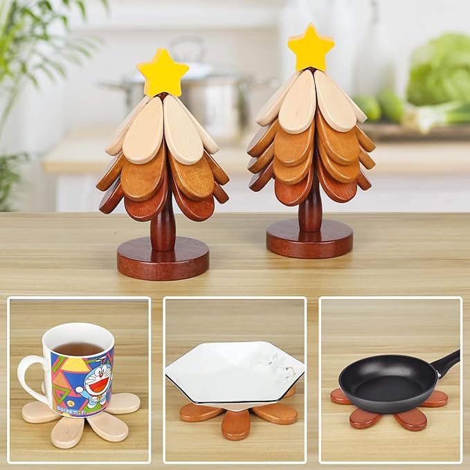 Christmas Tree Trivet Wooden Trivets for Hot Dishes, Christmas Tree Coasters Set of 4, Table Decor Coaster for Home and Restaurant