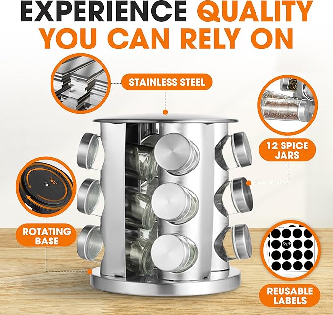 Cheer Collection Rotating Spice Rack for Countertop with 12 Jars, Stainless Steel Revolving Storage Organizer for Spices and Seasonings, plus Dry Erase Marker and 48 Reusable Labels