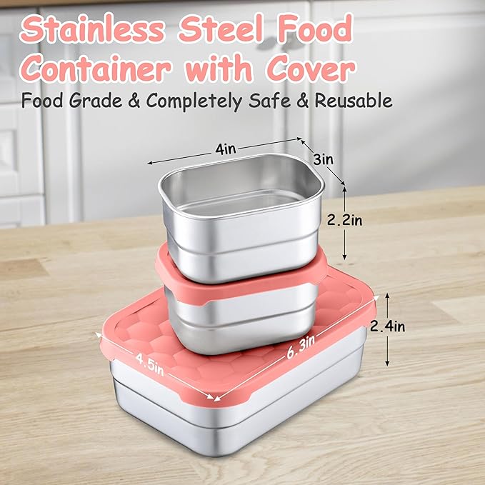 Homikit 3 Pack Kids Lunch Box Set, 18/10 Stainless Steel Bento Boxes with Silicone Lids Leak Proof, 5 Cups Reusable Metal Food Snack Containers for School Daycare, Nontoxic & Dishwasher Safe, Pink