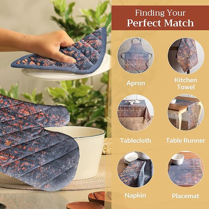 Maison d' Hermine 100% Cotton Oven Mitt & Pot Holder Set (7.5"x13" & 8"x8") Heat Resistant BBQ Cooking Gloves with Loop for Thanksgiving Christmas Decorations Handling Hot Pans (Imperfection)