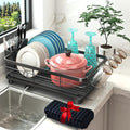 Godboat Dish Drying Rack, Dish Rack with Auto-Drain & Mat, Dish Drainers for Kitchen Counter, Glass Organizer for 4 Cups, 3 Slots Utensil Holder,Gifts for Women Mothers Day, Kitchen Gadgets & Decor