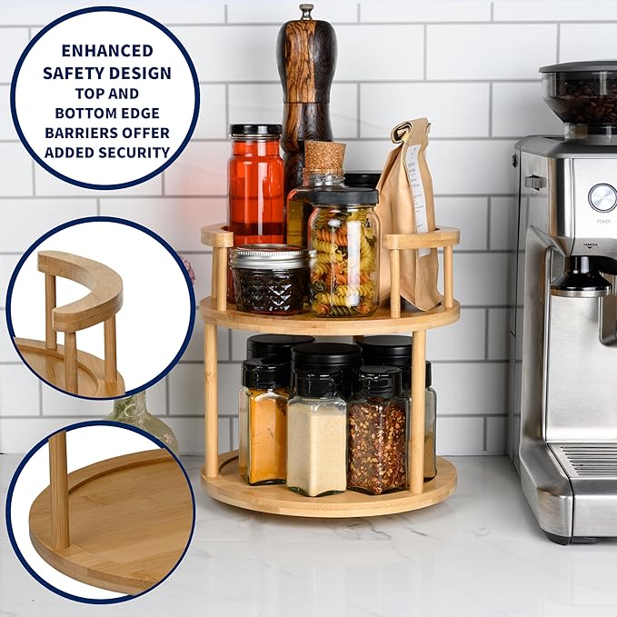 Wooden Rotating Spice Rack - 2 Tier Lazy Susan Turntable Spice Organizer for Countertop & Pantry - Portable & Space-Saving Rotating Storage Rack for Kitchen with 360° Rotating Feature