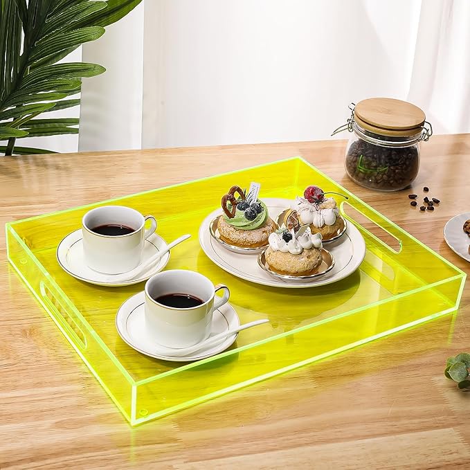 Large Acrylic Tray Ottoman Coffee Table Tray with Handles 17x13'' Decorative Serving Platter for Food Tea Dinner Snack Eating Bar Party, Neon Green