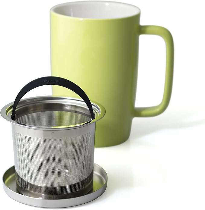 FORLIFE Dew Glossy Finish Brew-In-Mug with Basket Infuser & "Mirror" Stainless Lid 18 oz., Lime