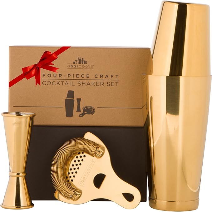 A Bar Above Cocktail Shaker Set, 4-Piece Professional Bartender Kit with Boston Shaker, Strainer, Jigger, and Bar Spoon, Stainless Steel Bar Accessories for Craft Cocktails, Gold