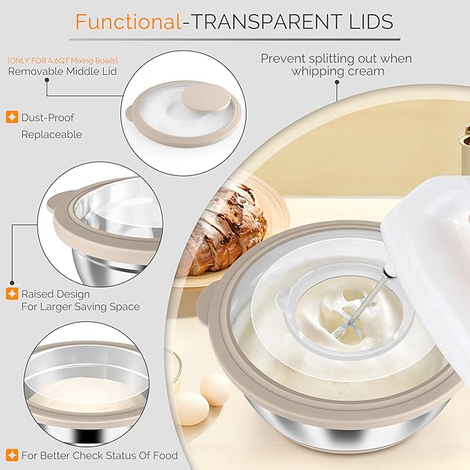HaWare Mixing Bowls, 24-Piece Stainless Steel Salad Serving Bowl with Airtight Clear Lids, Metal Nesting Bowl For Kitchen Cooking Prepping Storing with 3 Graters, 4.6/2.6/1.5/1/0.7 QT, Khaki