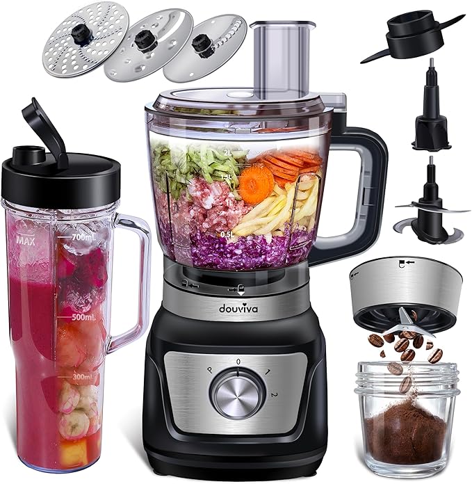 Food Processor Blender Combo, 3-1 Countertop Blender with 8cup Processor Bowl, Grinder,24oz To-Go Lid Cup, 1000W Blenders for Kitchen with Smoothies/Shakes/Mixing/Shredding/Slicing/Chop cheese/Dough