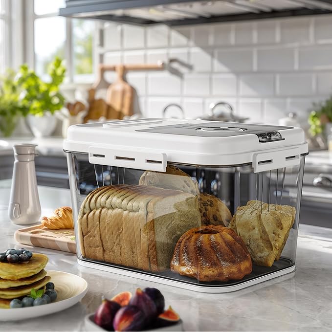 Bread Box For Kitchen Countertop, Airtight Bread Storage Container, Bread Keeper For Homemade Bread, Cookies, Cereal, Fruits, 10L White.