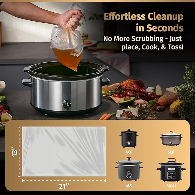 30 Pack Slow Cooker Liners – Large 13” x 21” BPA-Free Crock Pot Bags – Fits 3–10 Quart Round & Oval Cookers – Disposable Crock Pot Liners for Effortless Home Cooking & Fast Clean Up, Bonus Recipe Book