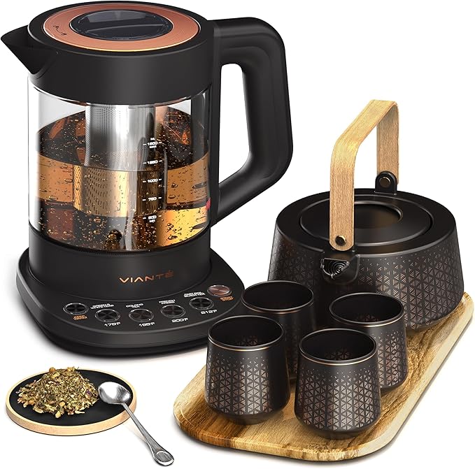 Vianté Luxury Tea Set. Electric Kettle with Infuser for Loose Leaf And Ceramic Serving Set. Teapot and Cup Set with Wooden Tray. Excellent Gift Idea For Tea Lovers.