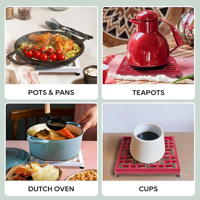 JOGREFUL Cast Iron Trivet Mats, Kitchen Pot Holders to Portect Table/Countertops, Heat Resistant Mats for Teapot/Hot Dishers/Plates, Vintage Mats with Weighted-Base, Grid White