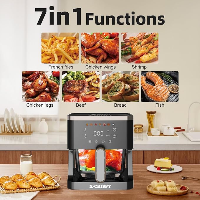 APSARAS USA Air Fryer Glass, 5.2QT Convection Oven Glass Air Fryer Non Toxic, Healthy Kitchen Bake,Grill,Steam Broil, & Roast -Includes Bowl,Broil Rack,Toasting Rack & More 97% Less Oil