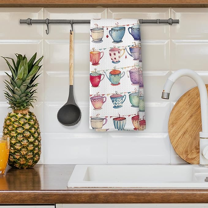 Colorful Teacups Kitchen Dish Towels, Tea Lovers Gifts for Women Girls, Tea Time Watercolor Coffee Mugs Cups Hand Towels Kitchen Tea Towels Decorations, 16x24inch