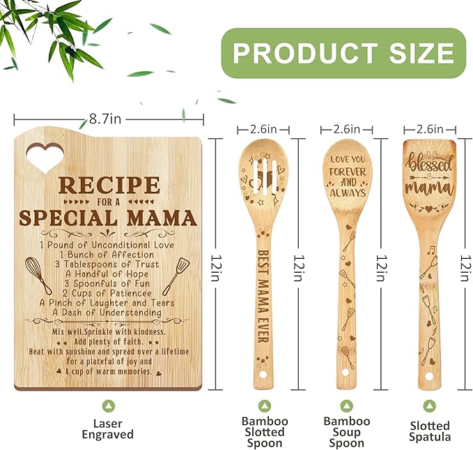 Mama Gifts, Christmas Mom Gift Idea, Gift for Mom Wooden Cutting Board with Cooking Utensils Set with Apron Set, Happy Mothers Day Mom Kitchen Present
