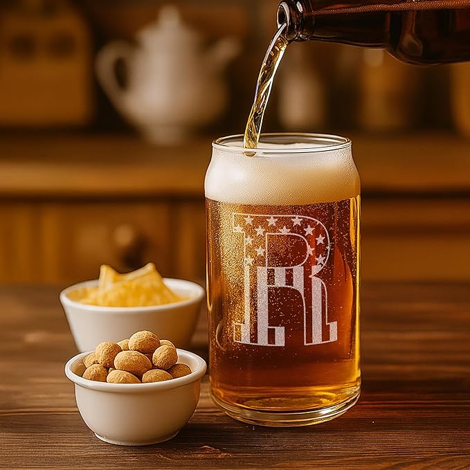 Monogram Beer Glasses for Men (A-Z) 16 oz - Beer Gifts for Men Brother Son Dad Neighbor - Unique Gifts for Him - Personalized Drinking Gift Beer Glass Mugs - Engraved Beer Can Glass (R)
