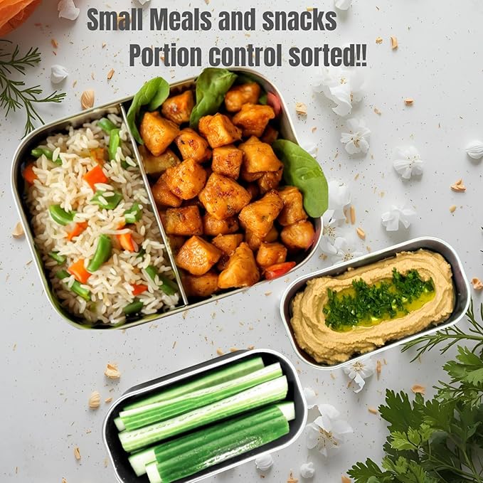 Leak proof Stainless Steel Lunch Box containers | Stainless Steel bento box | Tupperware| Sandwich ,Snacks container| Meal prep| Snack |Metal lunch box| Korean Lunch Box| Black|27 Oz+ 2*6.5Oz