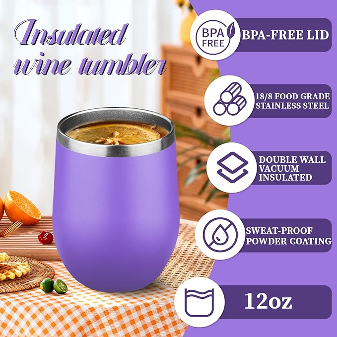 12oz Stemless Wine Tumbler with Lid Double Wall Insulated Wine Cup Stainless Steel Glasses Tumbler with Straw Insulated cocktail Tumbler Coffee Mug for Hot and Cold Beverages (Multicolor-11,6Pack)