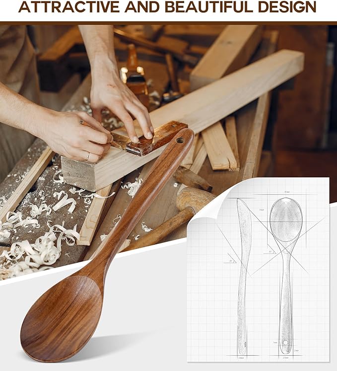Wooden Spoons for Cooking, Natural Premium Teak Wooden Spoons, Good Grip Large Cooking Spoons and Wooden Spatula, Heat Resistant Wooden Cooking Utensils for Nonstick Cookware Serving, Perfect Gifts