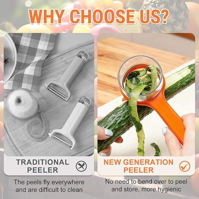 Vegetable Peeler with Box Storage,Double-Sided Stainless Steel Potato Peeler and Fruit Peeler,Vegetable Peelers for Kitchen,Apple Peeler,Carrot Peeler,Orange Peeler,Garlic Peeler (Orange)