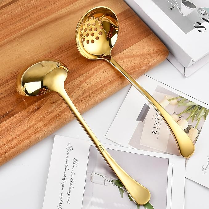 7.9 Inch Gold Small Ladle, 2 Pcs Gold Slotted Spoon Soup Ladle Set, Stainless Steel Small Ladles for Serving Sauce, Soup, Vegetables, Gold Metal Soup Ladle for Buffet, Party, Kitchen